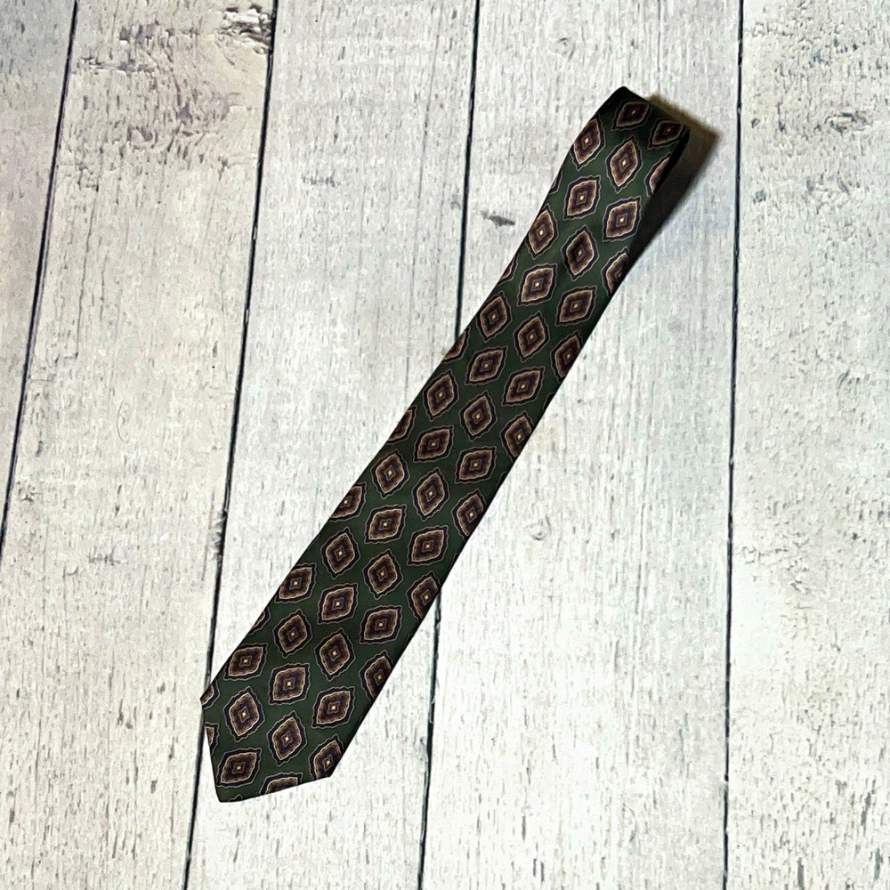 Hastings Bay Men's Green Brown Tan Black Geometric Pattern Tie Necktie